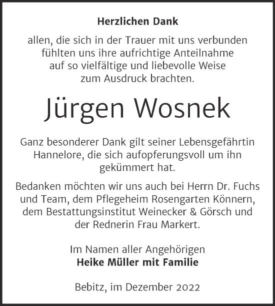 Traueranzeige von Jürgen Wosnek von Trauerkombi Bernburg