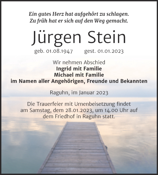 Traueranzeige von Jurgen Stein von Trauerkombi Bitterfeld