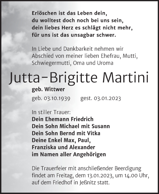 Traueranzeige von Jutta-Brigitte Martini von Trauerkombi Bitterfeld