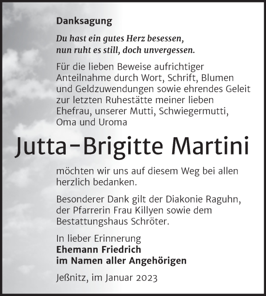 Traueranzeige von Jutta-Brigitte Martini von Trauerkombi Bitterfeld