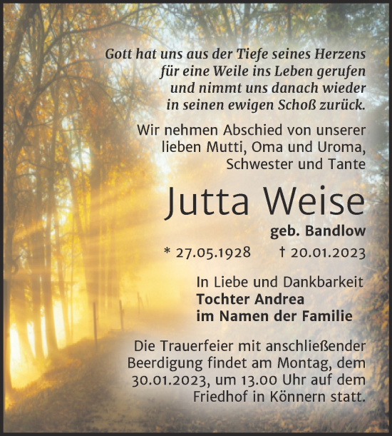 Traueranzeige von Jutta Weise von Trauerkombi Bernburg