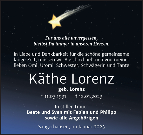 Traueranzeige von Käthe Lorenz von Trauerkombi Sangerhausen