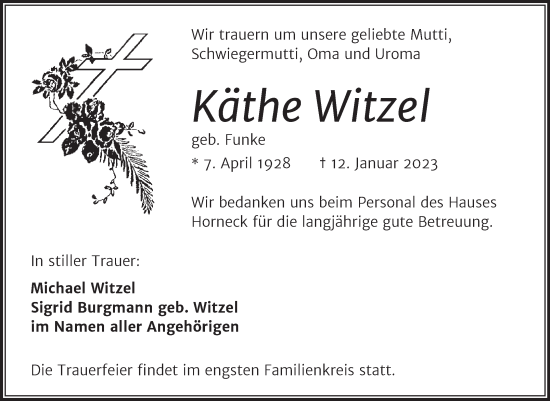 Traueranzeige von Käthe Witzel von Mitteldeutsche Zeitung Halle/Saalkreis