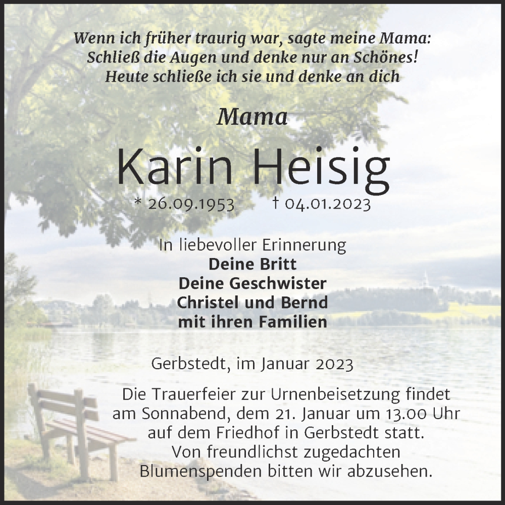 Traueranzeige für Karin Heisig vom 12.01.2023 aus Trauerkombi Mansfelder Land