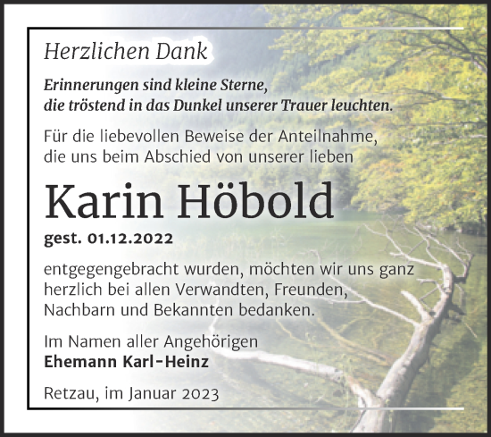 Traueranzeige von Karin Höbold von Trauerkombi Bitterfeld