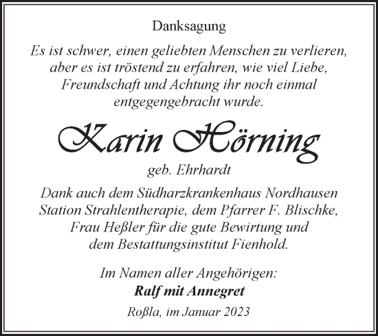 Traueranzeige von Karin Hörning von Mitteldeutsche Zeitung Sangerhausen
