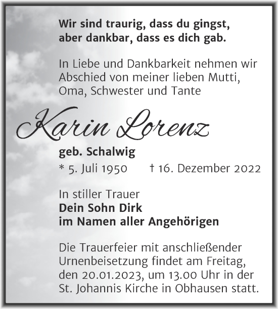 Traueranzeige von Karin Lorenz von Trauerkombi Merseburg