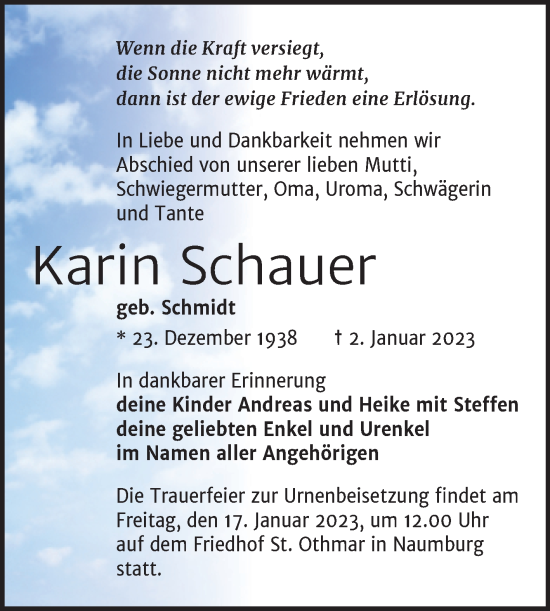 Traueranzeige von Karin Schauer von Wochenspiegel Naumburg/Nebra