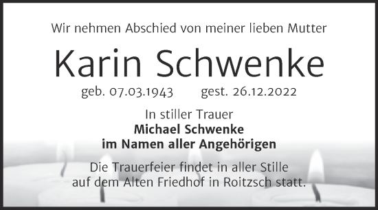 Traueranzeige von Karin Schwenke von Trauerkombi Bitterfeld