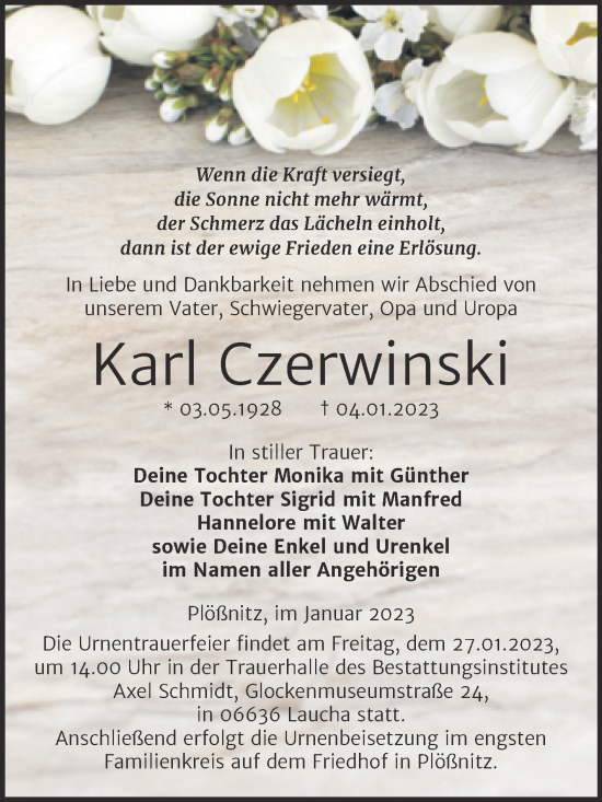 Traueranzeige von Karl Czerwinski von Wochenspiegel Naumburg/Nebra