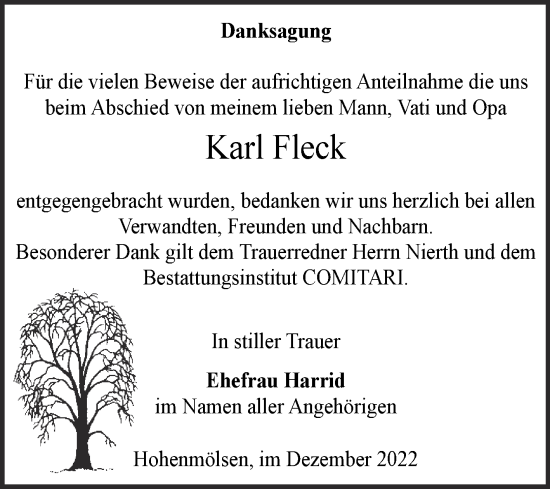 Traueranzeige von Karl Fleck von Trauerkombi Weißenfels