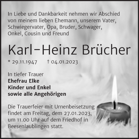 Traueranzeige von Karl-Heinz Brücher von Trauerkombi Bernburg