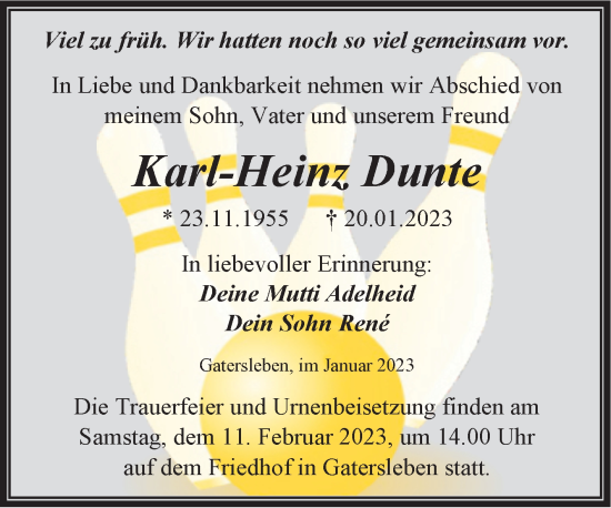 Traueranzeige von Karl-Heinz Dunte von Trauerkombi Aschersleben