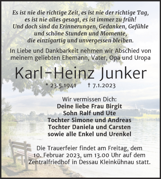 Traueranzeige von Karl-Heinz Junker von Trauerkombi Dessau