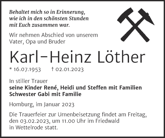 Traueranzeige von Karl-Heinz Löther von Trauerkombi Mansfelder Land