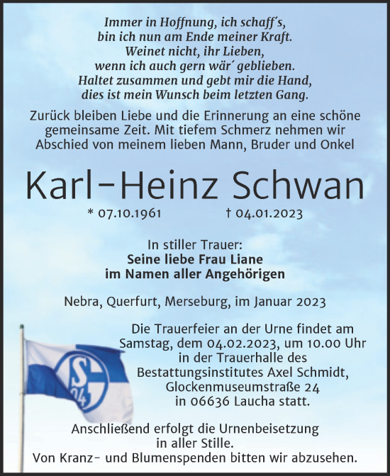 Traueranzeige von Karl-Heinz Schwan von Wochenspiegel Naumburg/Nebra