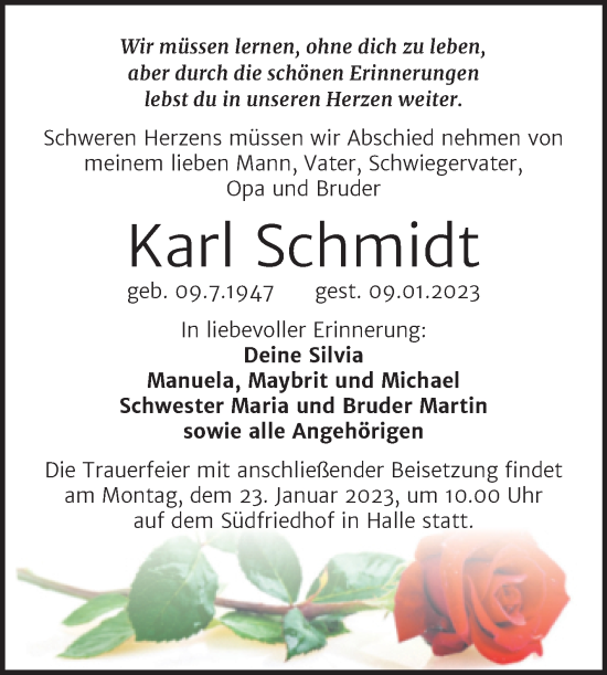 Traueranzeige von Karl Schmidt von Mitteldeutsche Zeitung Halle/Saalkreis