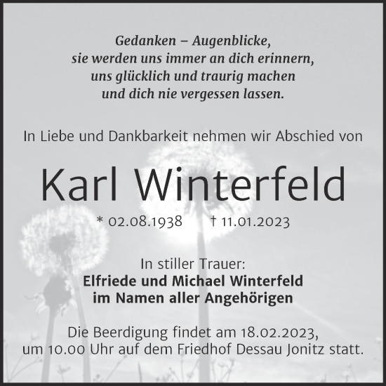 Traueranzeige von Karl Winterfeld von Trauerkombi Dessau