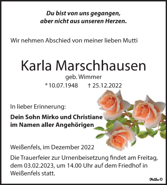 Traueranzeige von Karla Marschhausen von Trauerkombi Weißenfels