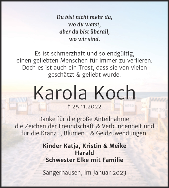 Traueranzeige von Karola Koch von Trauerkombi Sangerhausen