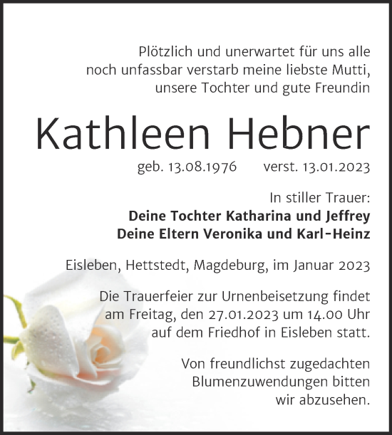 Traueranzeige von Kathleen Hebner von Trauerkombi Mansfelder Land