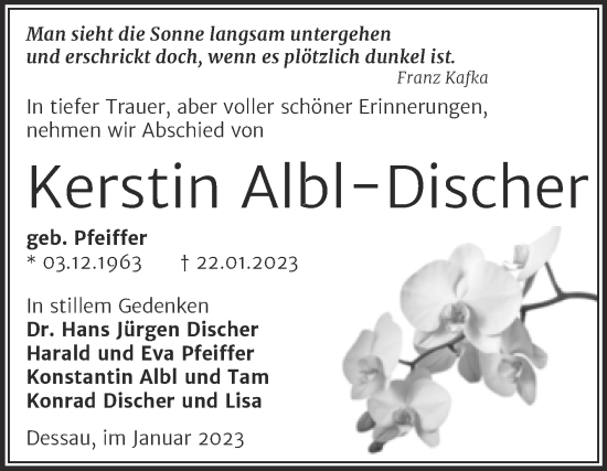 Traueranzeige von Kerstin Albl-Discher von Trauerkombi Dessau