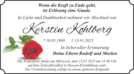 Traueranzeige von Kerstin Kohlberg von Trauerkombi Dessau