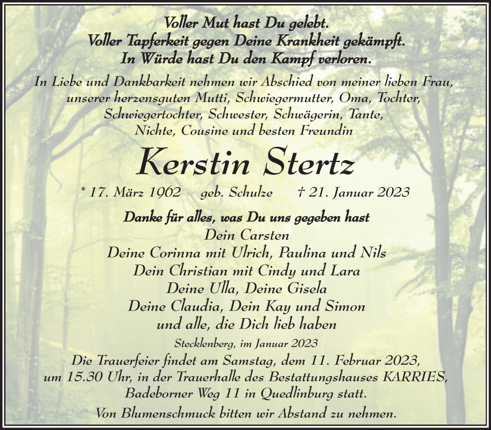  Traueranzeige für Kerstin Stertz vom 28.01.2023 aus Trauerkombi Quedlinburg