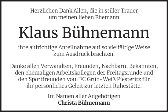 Traueranzeige von Klaus Bühnemann von Trauerkombi Wittenberg