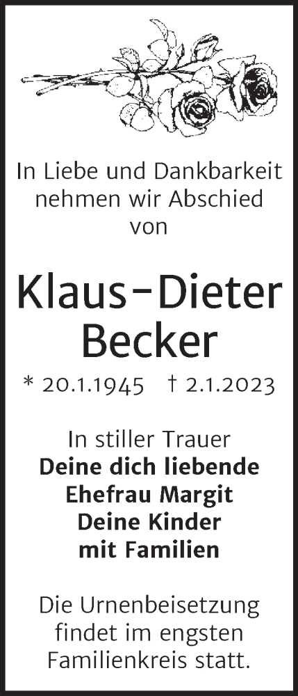 Traueranzeige von Klaus-Dieter Becker von Trauerkombi Köthen