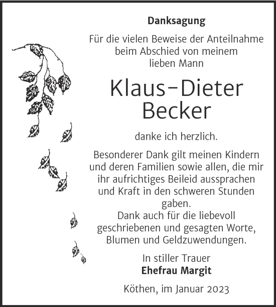 Traueranzeige von Klaus-Dieter Becker von Trauerkombi Köthen