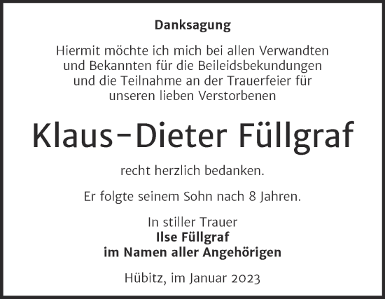 Traueranzeige von Klaus-Dieter Füllgraf von Trauerkombi Mansfelder Land