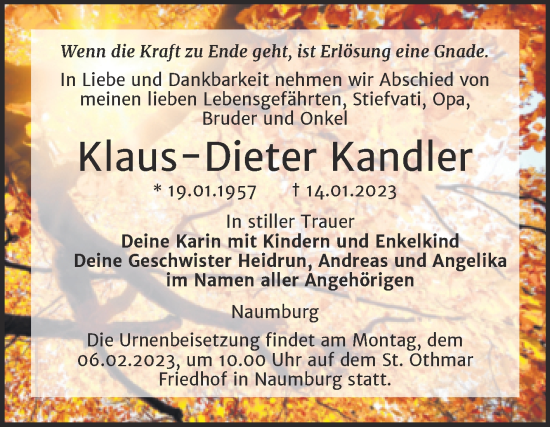 Traueranzeige von Klaus-Dieter Kandier von Wochenspiegel Naumburg/Nebra