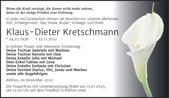 Traueranzeige von Klaus-Dieter Kretschmann von Trauerkombi Köthen