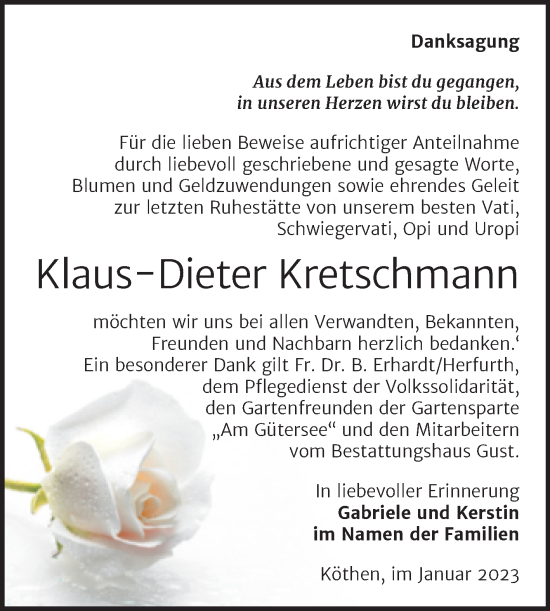 Traueranzeige von Klaus-Dieter Kretschmann von Trauerkombi Köthen