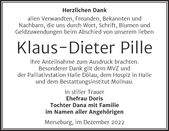 Traueranzeige von Klaus-Dieter Pille von Trauerkombi Merseburg
