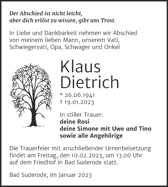 Traueranzeige von Klaus Dietrich von Trauerkombi Quedlinburg