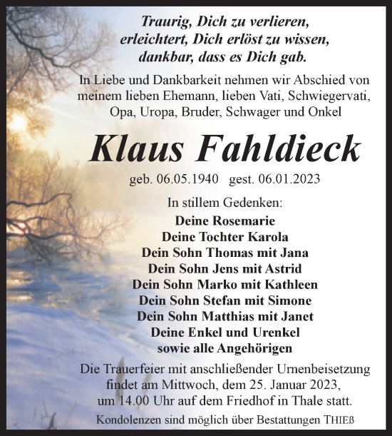 Traueranzeige von Klaus Fahldieck von Trauerkombi Quedlinburg