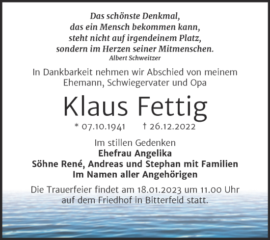Traueranzeige von Klaus Fettig von Trauerkombi Bitterfeld