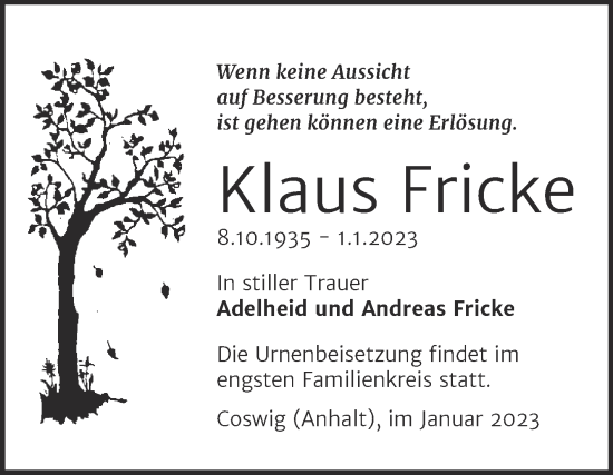 Traueranzeige von Klaus Fricke von Trauerkombi Wittenberg