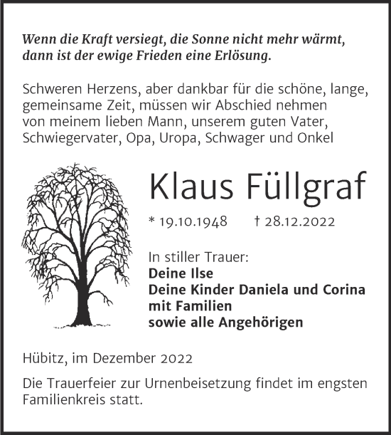 Traueranzeige von Klaus Füllgraf von Trauerkombi Mansfelder Land