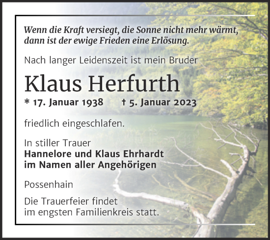Traueranzeige von Klaus Herfurth von Wochenspiegel Naumburg/Nebra