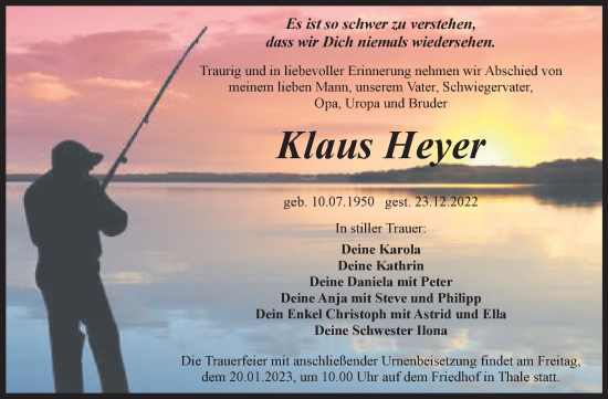 Traueranzeige von Klaus Heyer von Trauerkombi Quedlinburg