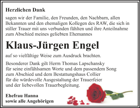 Traueranzeige von Klaus-Jürgen Engel von Trauerkombi Dessau