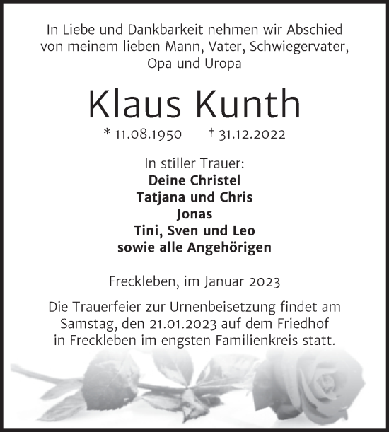 Traueranzeige von Klaus Kunth von Trauerkombi Aschersleben