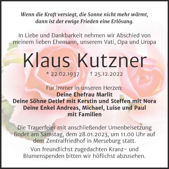 Traueranzeige von Klaus Kutzner von Trauerkombi Merseburg