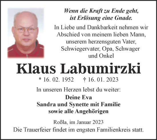 Traueranzeige von Klaus Labumirzki von Mitteldeutsche Zeitung Sangerhausen
