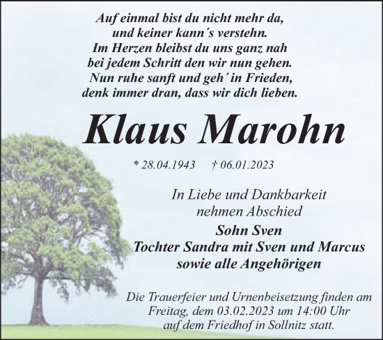 Traueranzeige von Klaus Marohn von Trauerkombi Dessau