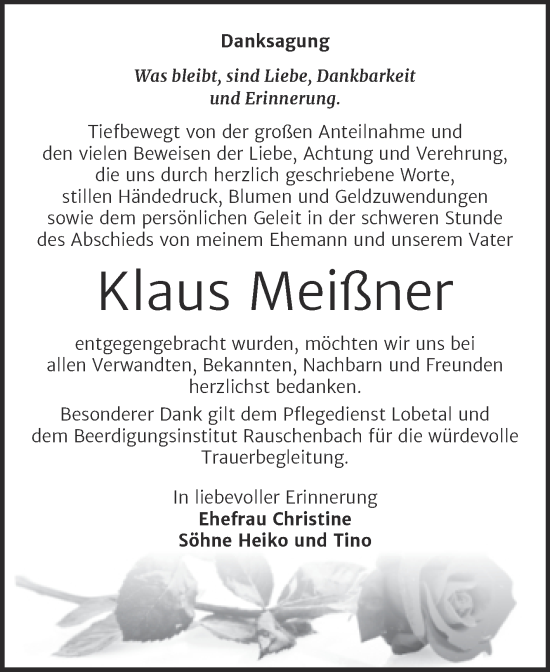 Traueranzeige von Klaus Meißner von Wochenspiegel Naumburg/Nebra