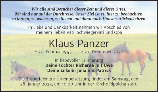 Traueranzeige von Klaus Panzer von Trauerkombi Zeitz